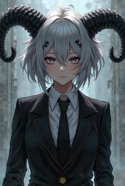 Short hair in front, long hair, shoulder-length hair, light gray hair, black horns, gray eyes, black suit(Anime)