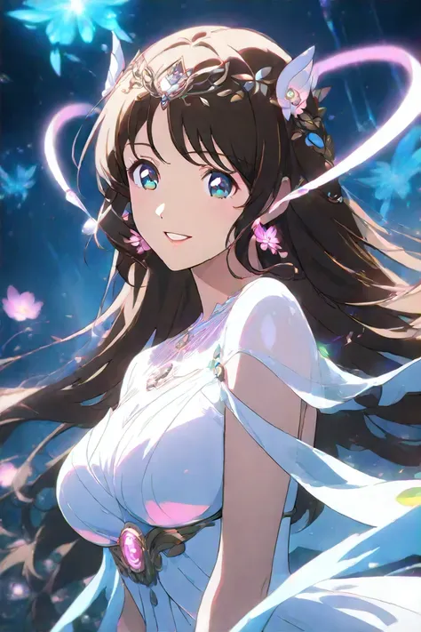 high quality　best image quality　Super Detail　Hi-Res　high quality　4k 8k white dancer 　long brown hair　  pink flower hair ornament  　 medium breasts　anime style　 open　Smiling Face