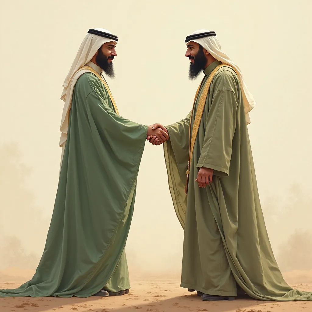 Two men wearing old green Arabic clothes are shaking hands