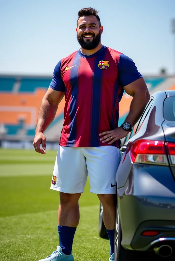 Realistic image of a 45-year-old Moroccan male, massive chubby bodybuilder, muscle bulky Man,tall size , brown hair with a comb over cut, 3 day beard,He is wearing a football shirt from Club F.c barcelona, Nike soccer shorts color white, blue soccer socks,...