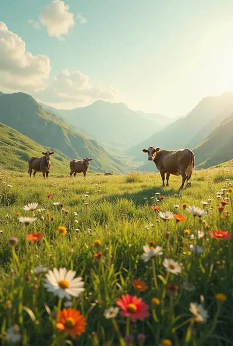 A panoramic view of an Asturian meadow with a couple of cows in the distance