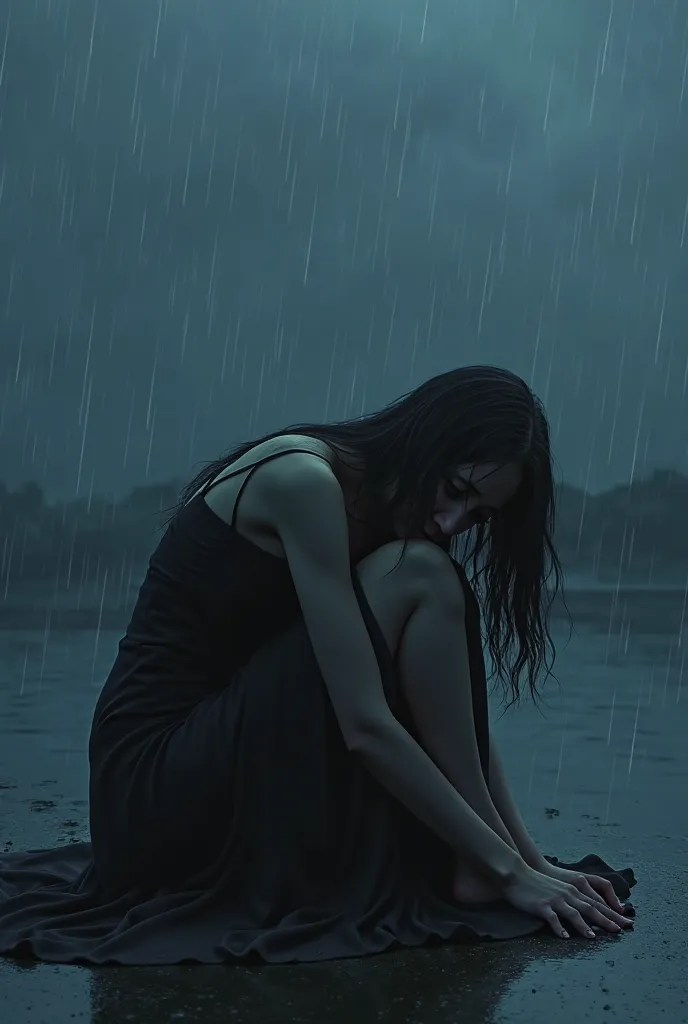 woman, sad, Loneliness  raining, in black horizon, blue light, blue pinpoint light, dress, Lie down on the floor