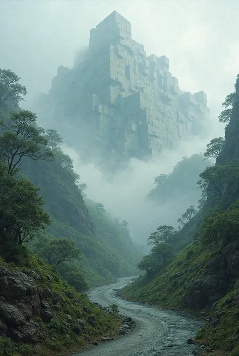 Cubed range, with cubed mountain 
, covered with trees in misty weather, with ancient road and valley 