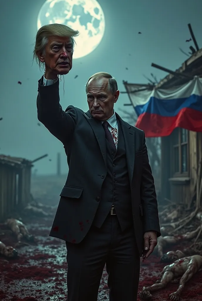 A stunning, moonlit creepy wasteland. A radiant Vladimir Putin with stern look on his face holds up bloody donald trump head by his hair with an evil smirk. He wears a dirty dark suit, the red, white and blue colors of the American flag waving behind him. ...