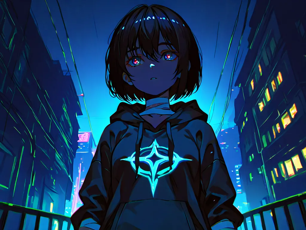 rune, 1 girl, black hair, dark background, neon, upper body, simple background, cityscape, hoodie, bandages, breast, from above, night, small breast, short hair, panorama, naked, bandages only