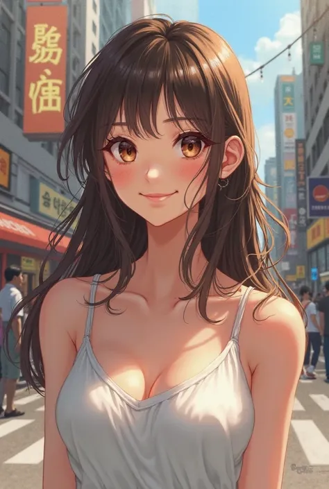 A close view of young anime woman standing on a city street, with long brunette hair and brown eyes, wearing white tank top with white thin straps, looking with smile