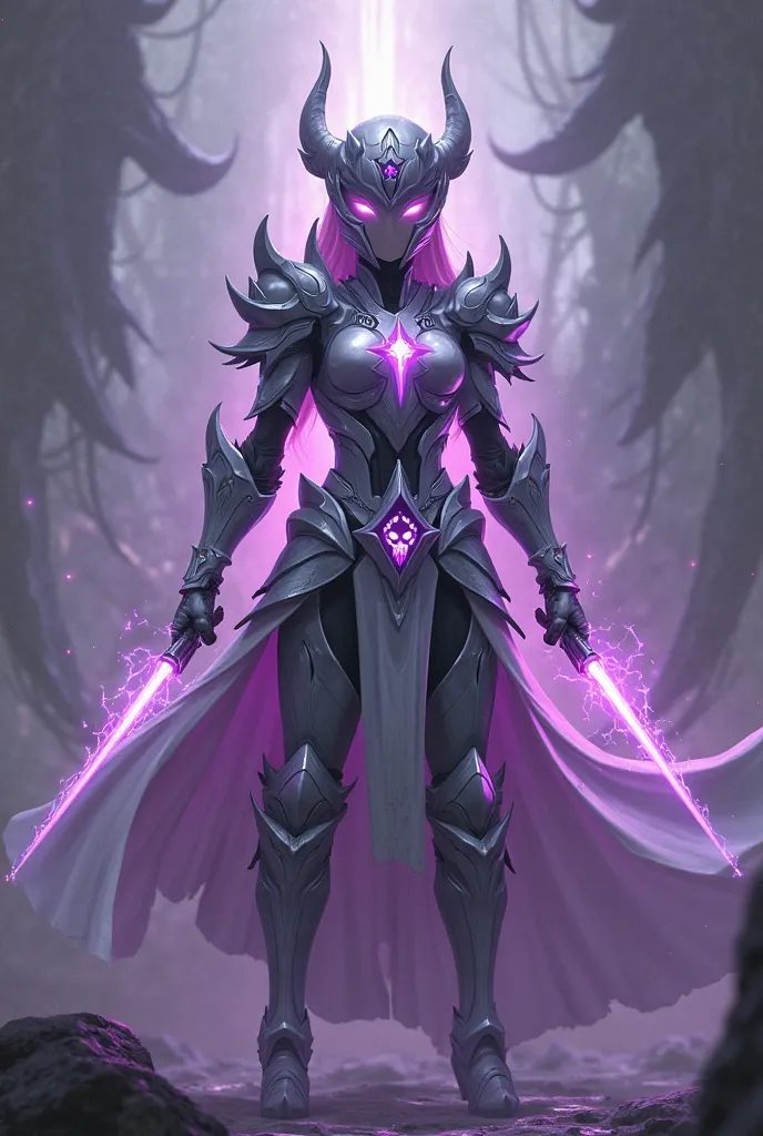 Make a hero with light and shadow power, Her armor is gray with light purple details and she shines, on your chest there is a symbol of a star with a purple skull inside it, her helmet has light purple eyes and is round and shiny
