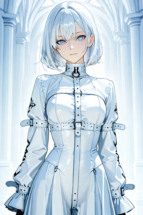  Silver Hair、pale blue eyes、 straitjacket、gothic lolita、cute、 girl、 high school student、Big Breasts、 sexy、anime style、high image quality、high quality