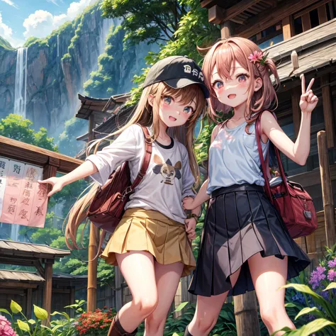 pink brown brown gold hair、 eye、  Has hair tied  、Two cute people、 check miniskirt、  black t-shirt、 Light clothing、 tank top outside of anime、 camisole、high socks、 Boots、 teeth inside、  The Road Is Crooked 、Mountain々、Stick together  、 bamboo forest、 chest ...