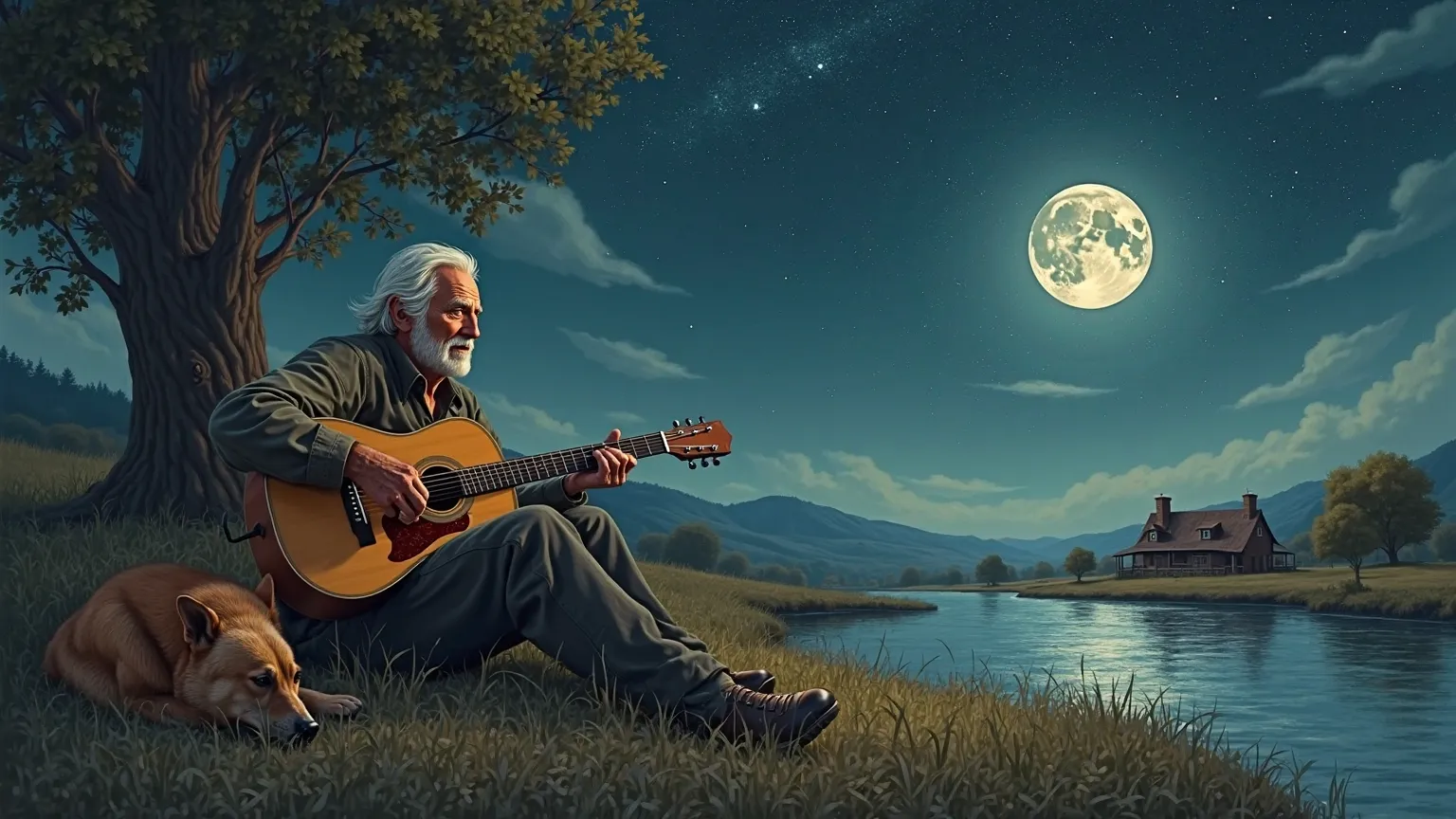 create an image of an old man playing the guitar and a dog lying next to him, on a ranch on the edge of a river with a starry sky and a moonlit night, a beautiful place with a wonderful sky.