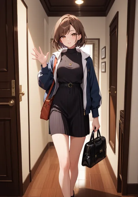 nsfw,night,one girl,,short hair,straight hair ,brown hair,brown eyes,swept bangs,black dress,bag,lounge,walking,,Fat men,open the door,choker,slender,Jacket,with one hand raised and waving,fullbody