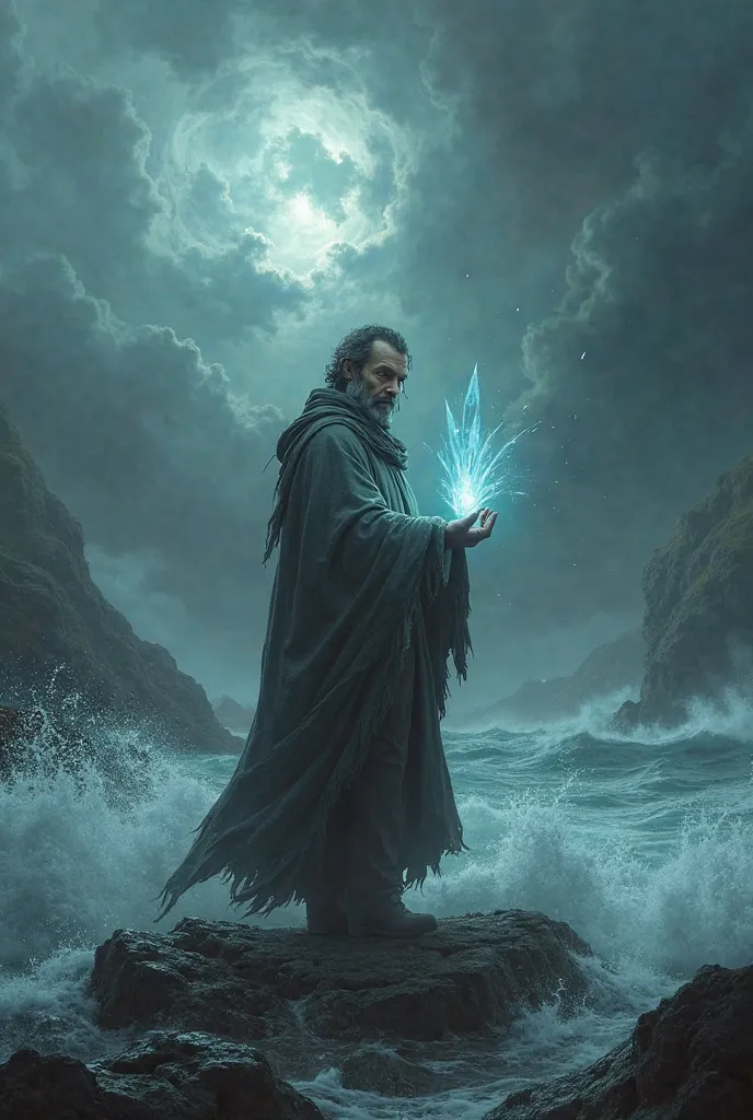 A man holding a crystal on an island during a storm