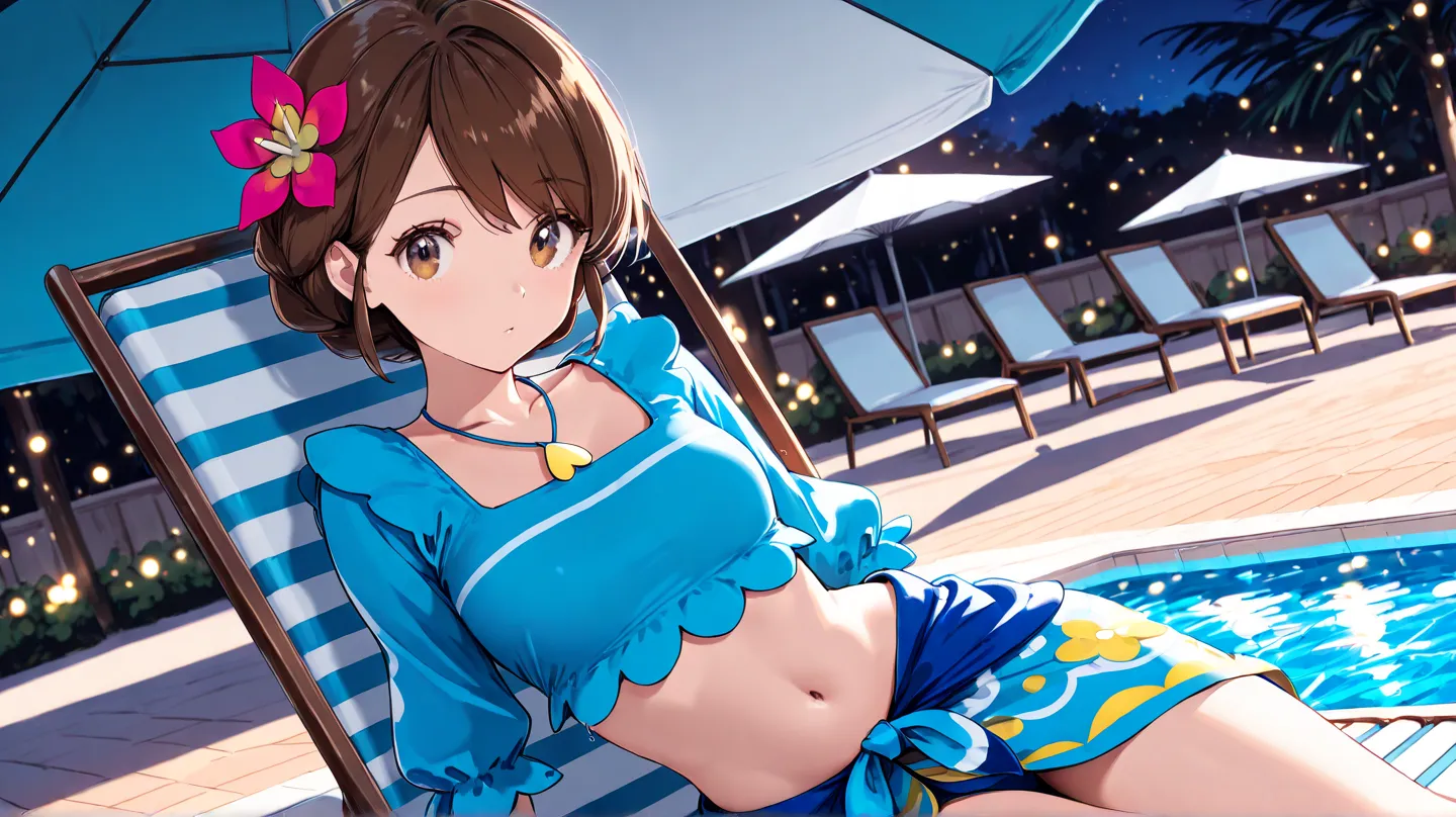 ((detailed eyes)),((correct_anatomy)), 1girl, zzGloria, brown hair, brown eyes, gloriaSummer, blue sarong, blue shirt, hair flower, jewelry, navel, necklace, official alternate costume, relaxtime, poolside, sitting beach chair, beach umbrella, Perfect Hand...