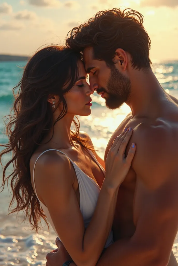 Sexy brunette hair woman with a brown hair man background in the ocean 