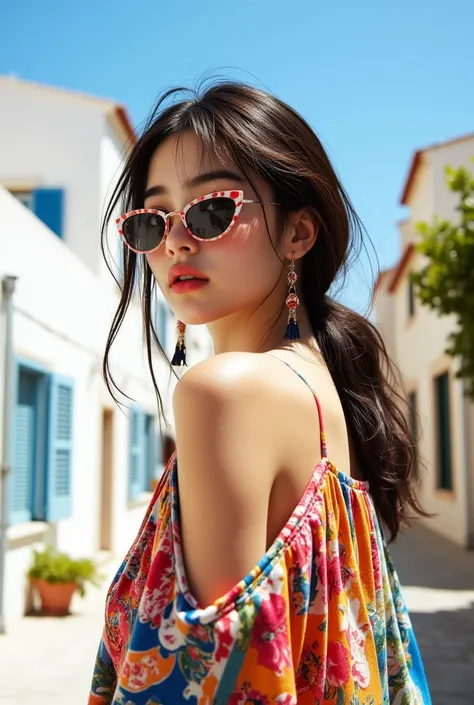 8k, masterpiece, highest quality, Vibrant, colorful, summer, Mediterranean street backdrop, cat-eye sunglasses, multicolored flowing dress, off-shoulder sleeves, tasseled earrings, bright blue sky, white buildings, high contrast, saturated colors, fashion ...