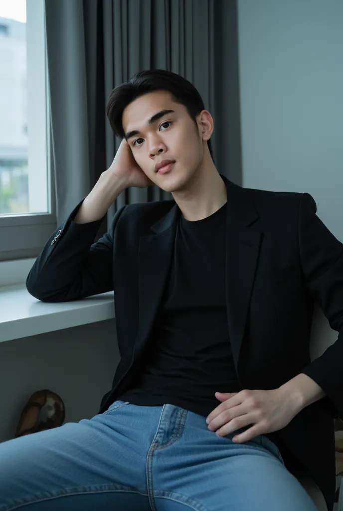 an Asian guy aged 25. wearing a t-shirt  black jacket.jeans.is sitting on a chair in a cool room 