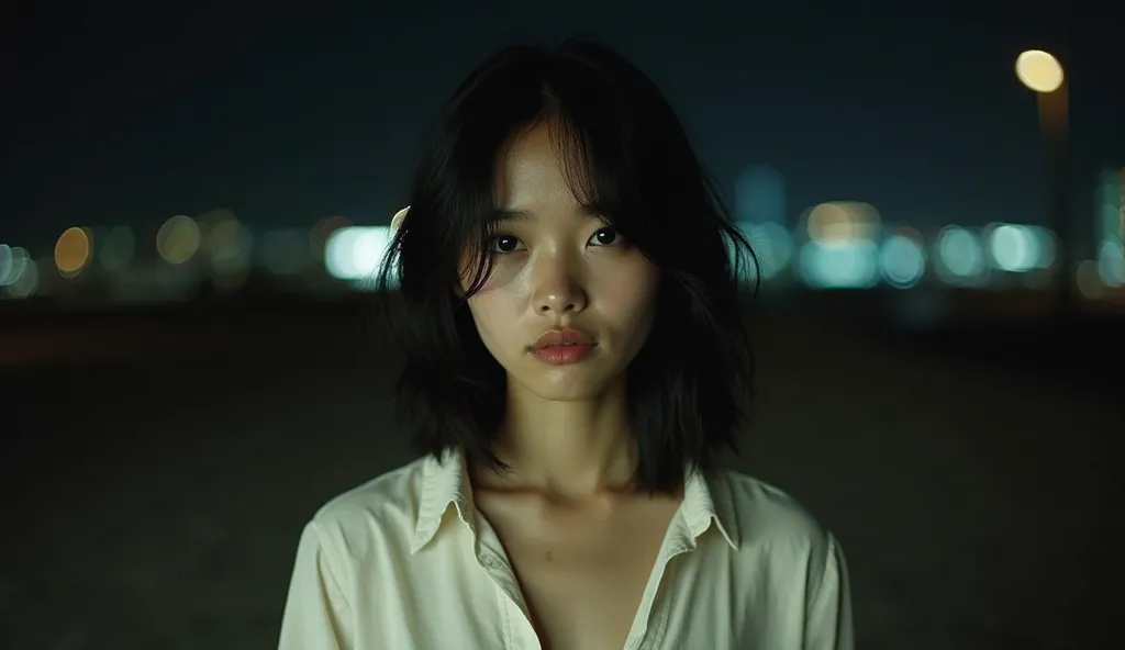 "A cinematic portrait of a young woman with shoulder-length black hair, wearing a loose white shirt, standing alone at night. Her expression is melancholic and introspective. The background is dark with soft, blurry city lights in the distance. The image h...