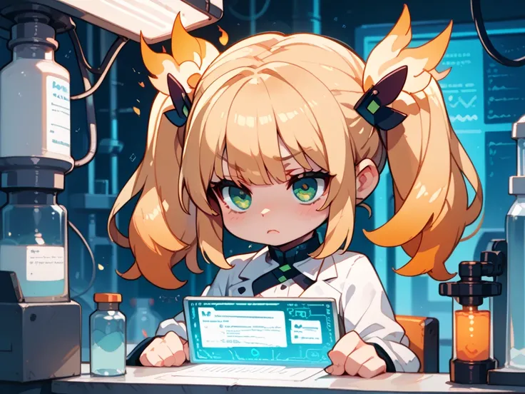 1 girl（very young）、shows the whole body、full body、,blonde hair,big hair,twintails,hair over eyes,green eyes, eyelashes,chemist, disappointed,head wings, flaming eyes