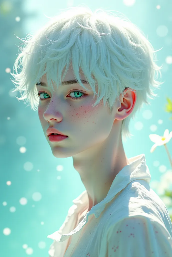 Create an image of a Male age with ice green eyes and snow white hair pale skin and lots of freckles.make one anime like