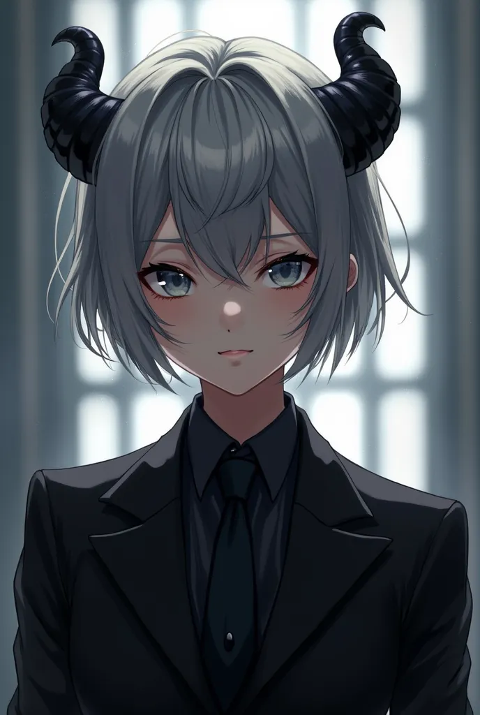 Short hair in front, long hair, shoulder-length hair, light gray hair, black horns, gray eyes, black suit(Anime)