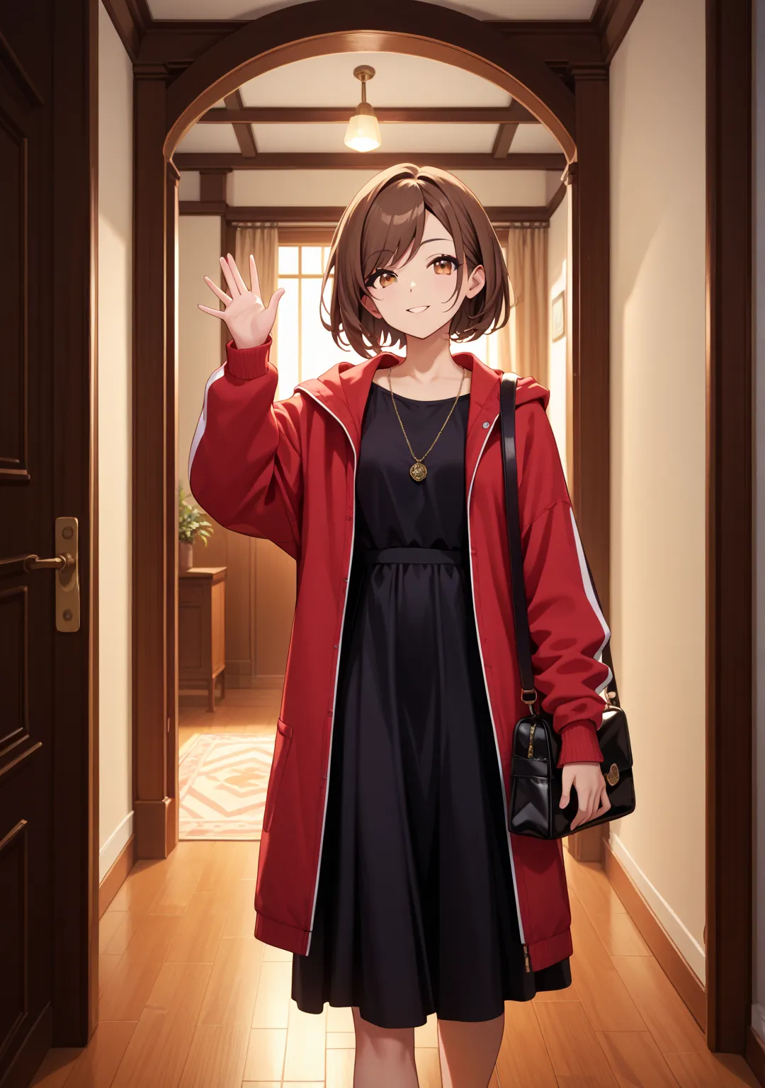 nsfw,night,one girl,,short hair,straight hair ,brown hair,brown eyes,swept bangs,black dress,bag,lounge,walking,,Fat men,open the door,choker,slender,Jacket,with one hand raised and waving,fullbody