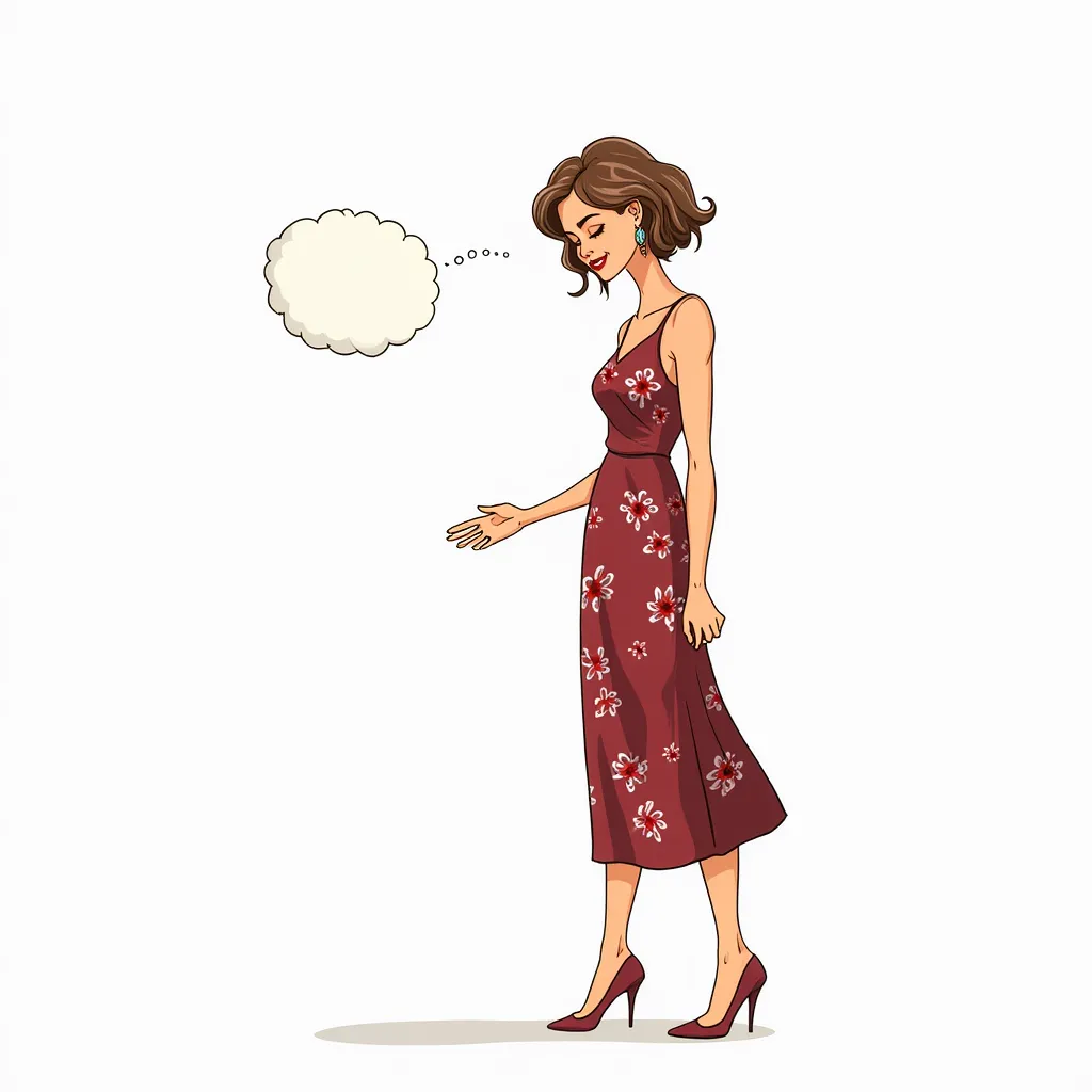 Future Tense Prompt (Semi-Realistic Cartoon Art - White Background):
A beautiful 27-year-old woman with short, wavy hair, wearing a dark red floral dress, stands with one hand reaching out toward an object in front of her. Her fingers are just about to gra...