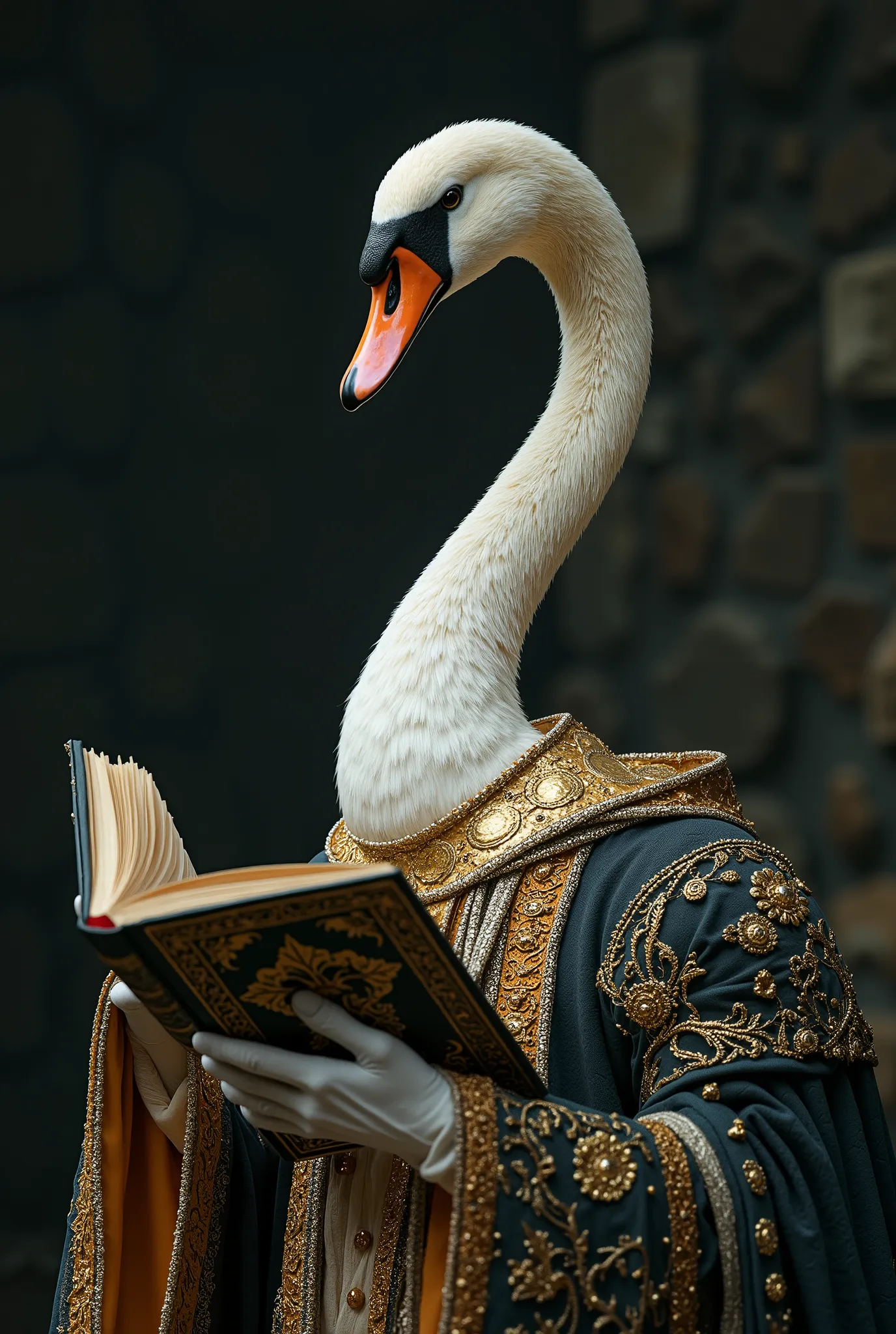 a swan dressed in a mage costume  and holding a magical book. Create realistic images, High resolution photo/ ((masterpiece)),((best quality)),8k, high detailed, ultra-detailed, Stylish Pose, real skin texture. The photo is crisp and clear, likely captured...