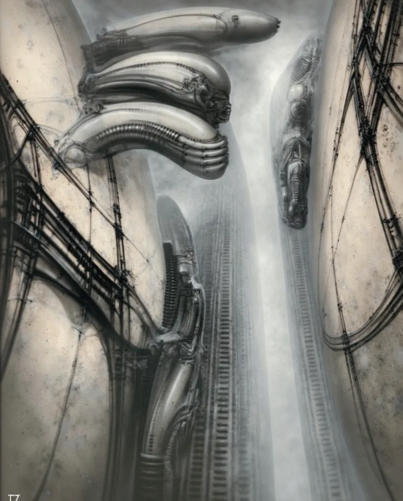 Please reproduce the original image as accurately as possible, capturing the intricate details of the biomechanical structures, the dramatic lighting, and the overall sense of unease. Find and enhance depiction of Giger's demons and creatures.(best quality...