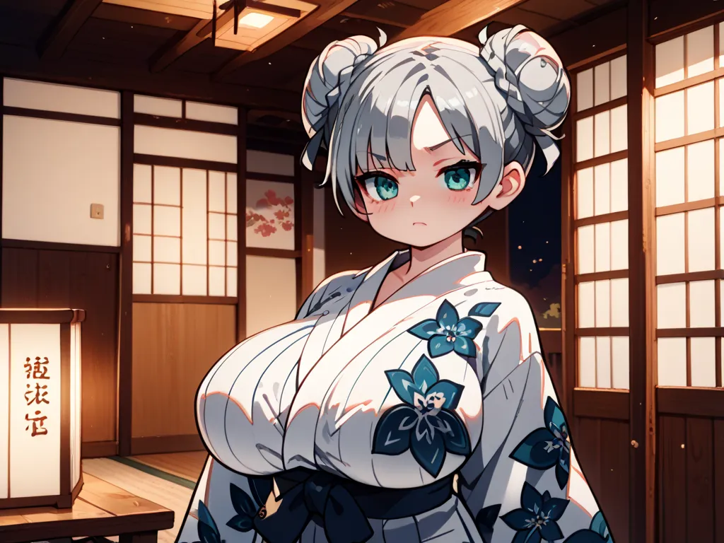 1 girl（very young）、full body、,gray hair,pixie cut,hair bun,parted bangs,aqua eyes, horizontal pupils,Yukata, disappointed,gigantic breasts, jitome、geta