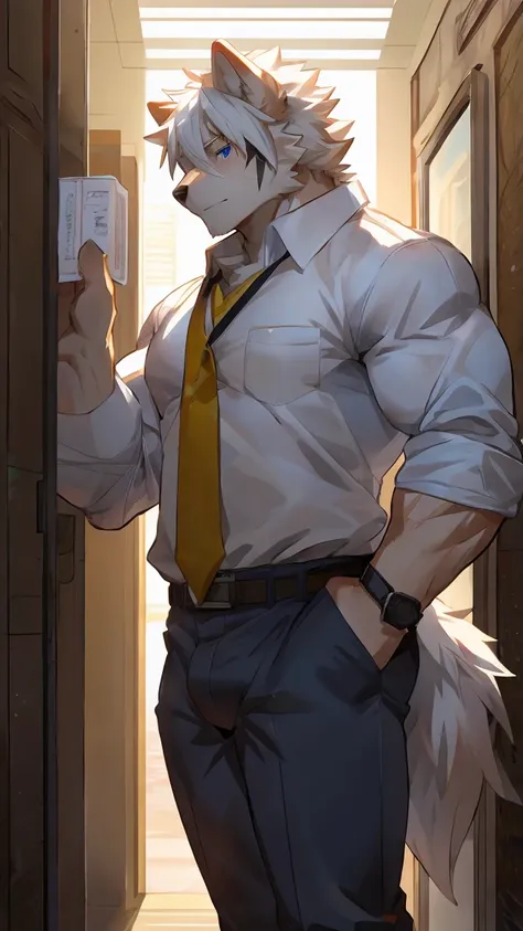 embedding:White wolf, male,blue eyes,Scar on the face,White short hair,Single person,deliveryman，Standing outside the door,In the corridors,white shirt,Robust,Contempt,The highest quality of scene detail,adult,Tall and powerful,muscle，Best quality hands, b...