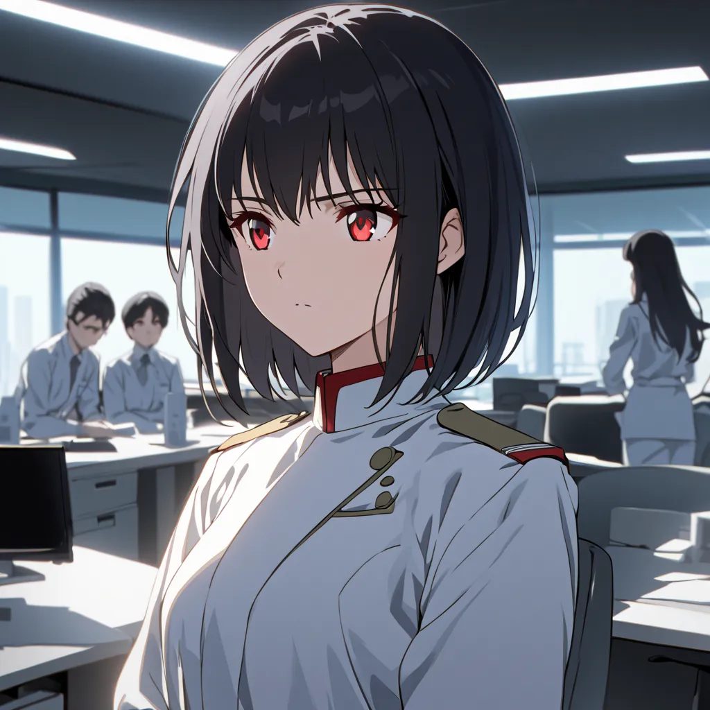 one girl,   black hair, shortcuts, red eyes, military uniform, Yamato (office)