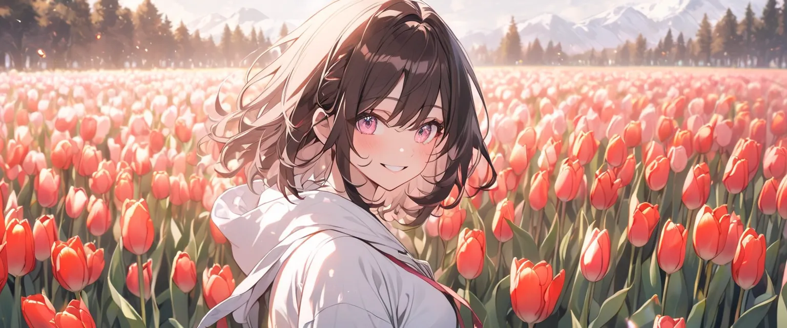 Alone，medium hair，Dark brown hair， tip pink highlight，woman， Light Pink Eyes ， white hoodie， Tulip Field，smile