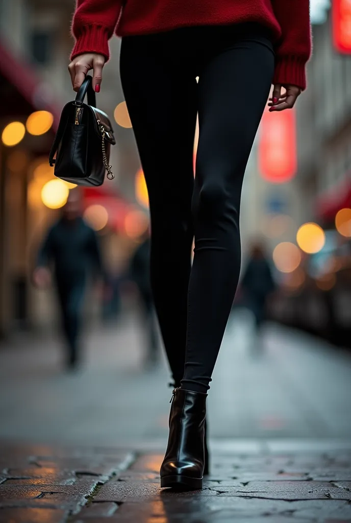 Une photo réaliste en perspective à faible angle d&#39;Une belle femme, 40 ans, petits seins. cheveux bruns courts qui couvrent un œil. Le point de vue est d'en bas, attirant l&#39;attention sur ses talons hauts noirs, soulignant particulièrement la gracie...