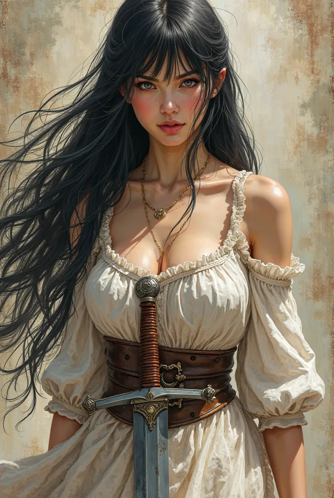 create an image as if it were a Japanese manga with a medieval European atmosphere with a peasant woman with long black hair, who wears a white chemise and has a sword in her hand. extremely detailed and manga art style