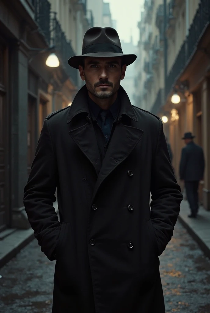 A dark alley in Paris with a detective in the center with a confident posture, he is wearing a dark trench coat and a fedora hat. He has a thoughtful expression.  in the background, a blurred silhouette of a murderer, The antagonist.