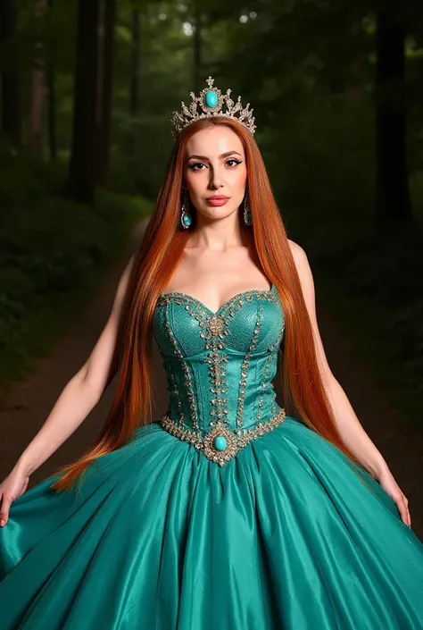 Young woman, long thick fiery red hair, 25 years old, European appearance. Posing confidently. The woman's facial expression is captivating, seductive, with a subtle smile and a slightly thoughtful look, exuding confidence and charm. Exquisite make-up, ful...