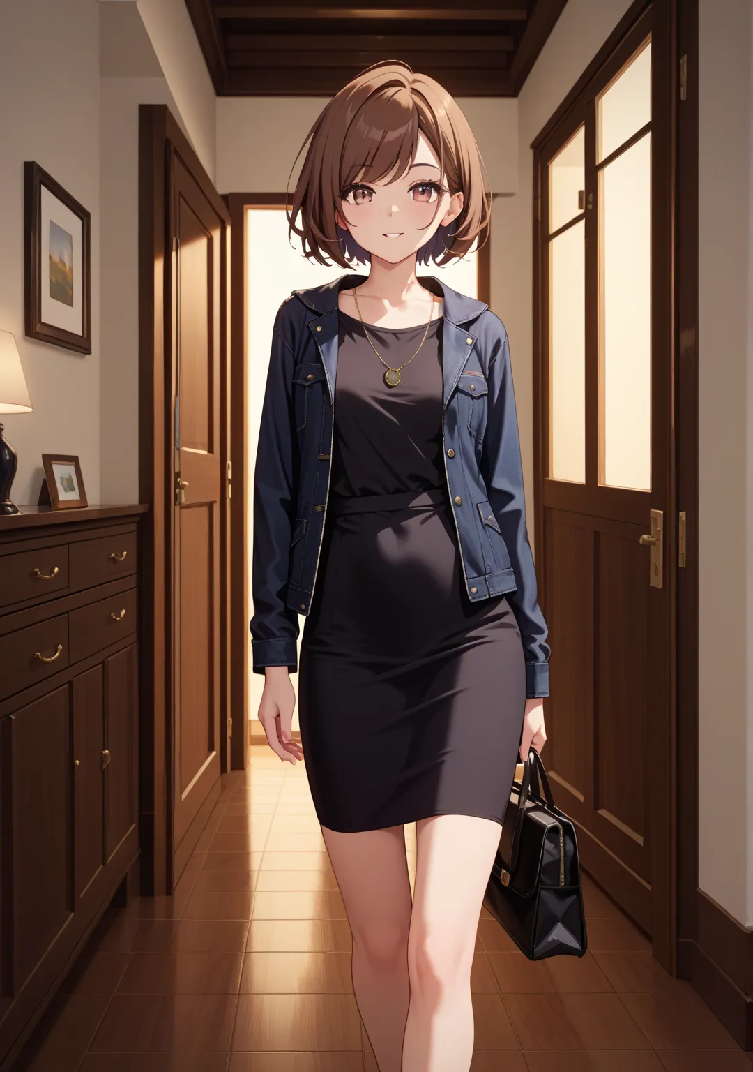 nsfw,night,one girl,,short hair,straight hair ,brown hair,brown eyes,swept bangs,black dress,bag,lounge,walking,,Fat men,open the door,choker,slender,Jacket,with one hand raised and waving,fullbody