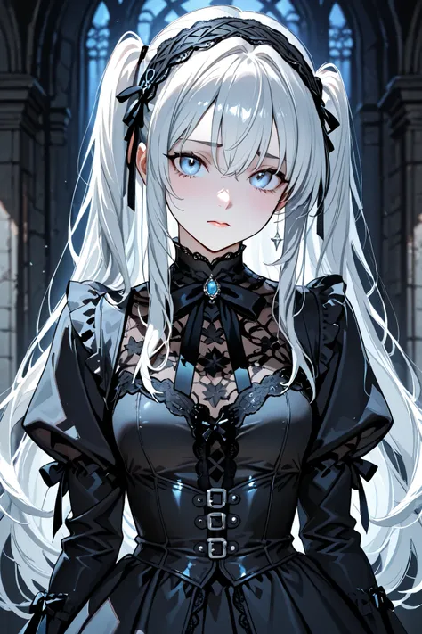 SF、 Silver Hair、pale blue eyes、 straitjacket、gothic lolita、cute、 girl、 high school student、Big Breasts、 sexy、anime style、high image quality、high quality