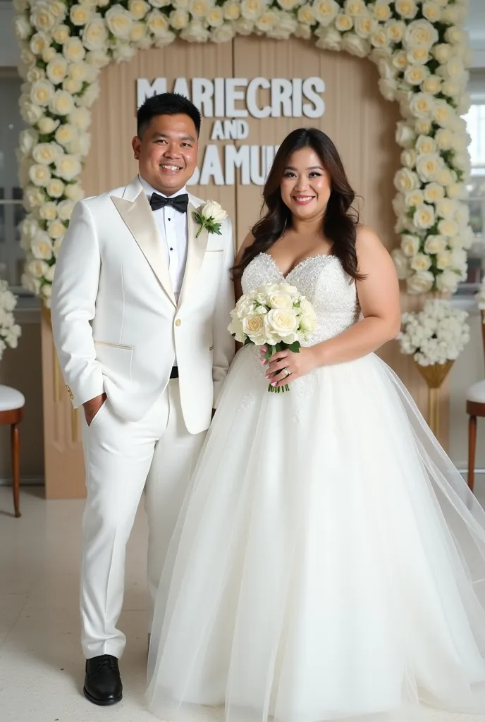  an image of a beautiful Filipino sweet couple, with the male and female of the same height. The male is wearing a white wedding outfit and white elegant coat and black shoes, while the female is chubby, is wearing an elegant ballon wedding dress and white...