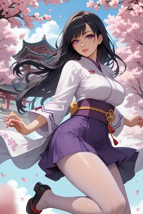 Big breasted black haired long haired Japanese woman in pantyhose walks gracefully in front of Japan's beautiful cherry blossoms and temples．I'm wearing purple clothing with a cherry blossom pattern cut out on the lower part of my body．Also、Cherry blossom ...