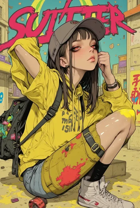 American comic style, illustration, Glasses girl, street fashion, dark, skateboard play, street, Dark expression, pale face, high resolution, flashy makeup, hard touch illustration, strong outline, strong shadow, side face, yellow color wear, street style,...