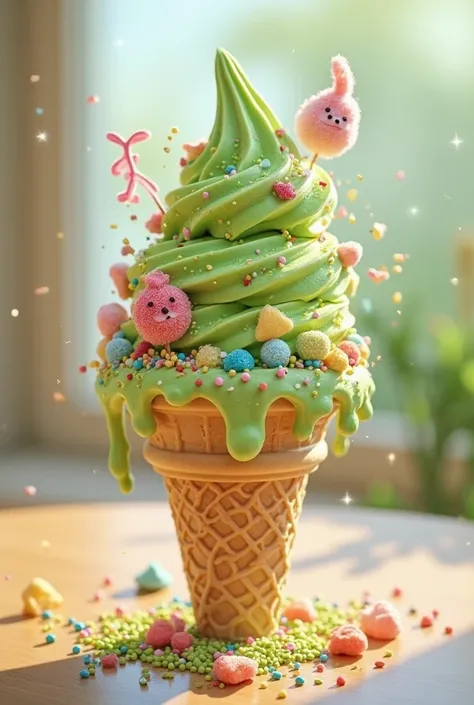 Matcha ice cream cone with crazy toppings
