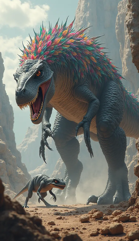 (Image of a massive, feathered Utahraptor with menacing claws, standing over its prey)