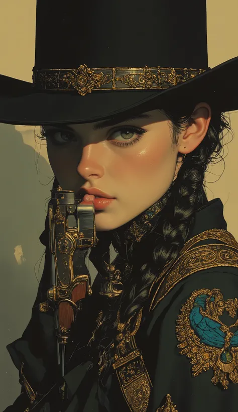 taken from obliquely below、high school girl, intense expression that radiates deep wisdom and mystery, Misty, dreamy background 、 cowboy style、Wear a deep cowboy bat、 Gold、braids、Kiss the revolver's muzzle、