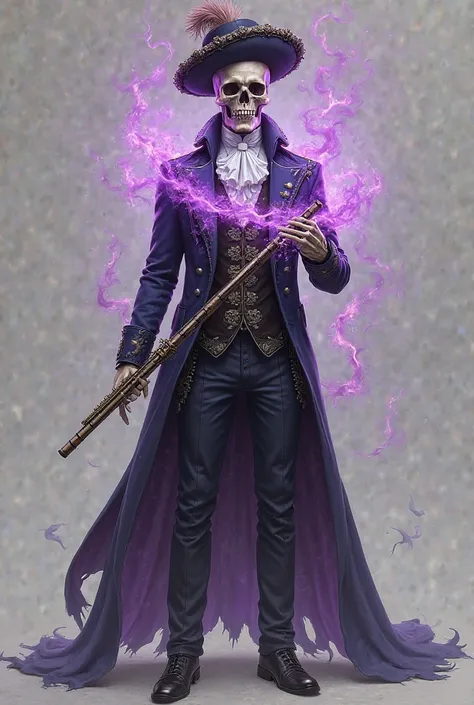 Male Human,skeleton head with purple fire around the skull,Noble clothes,a flute in hands,a fencer hat,randon parts of The body in little purple transparence 