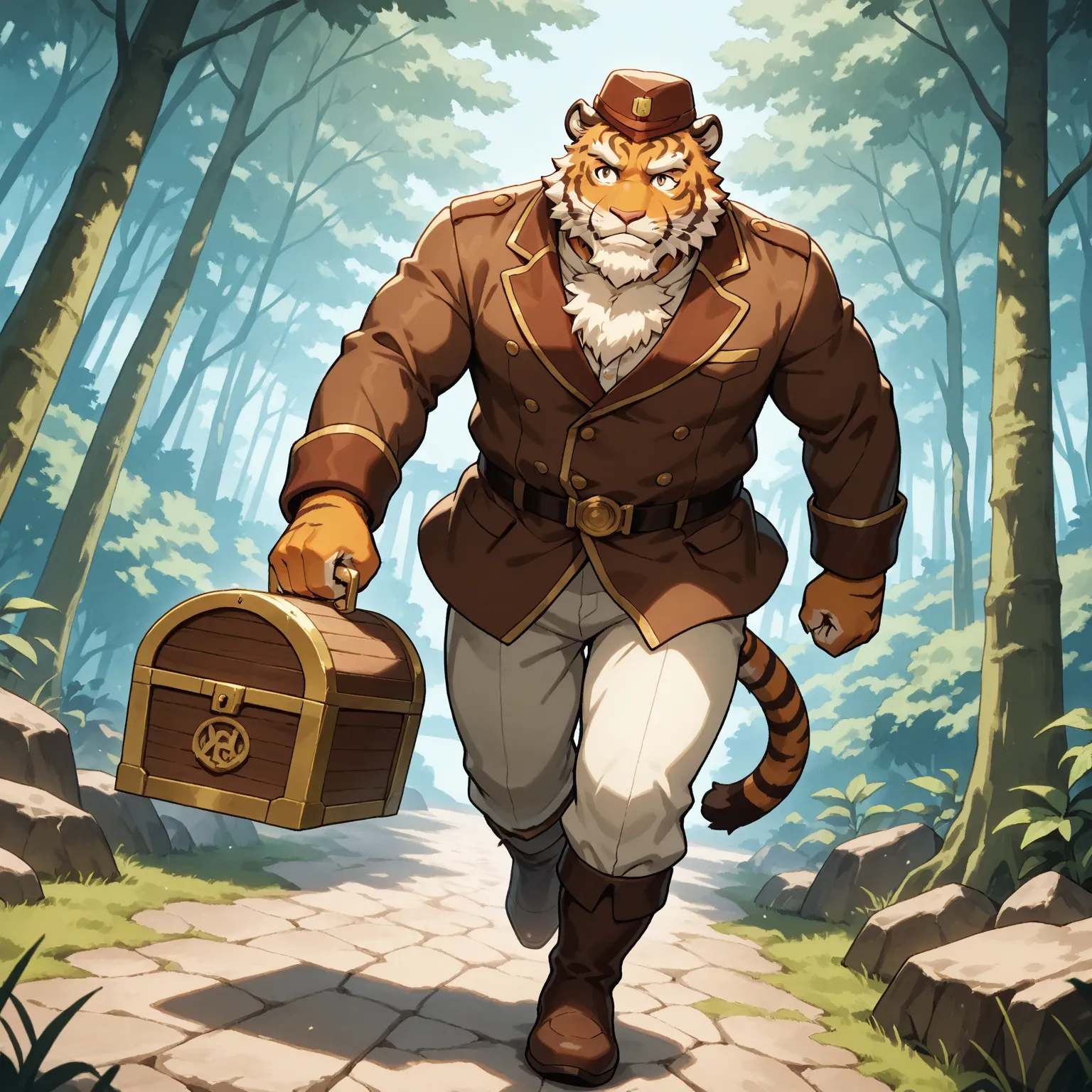 character focus, full body, looking away, dynamic angle, treasure hunter, a muscular middle-aged tiger man, desperation expression, adventure costume clothes, adventure uniforms, hat, jacket, shirt, half pants, holding treasure chest, run away, running thr...