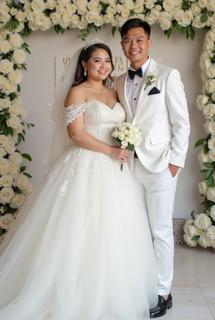  an image of a beautiful Filipino sweet couple, with the male and female of the same height. The male is wearing a white wedding outfit and white elegant coat and black shoes, while the female is chubby, is wearing an elegant ballon wedding dress and white...