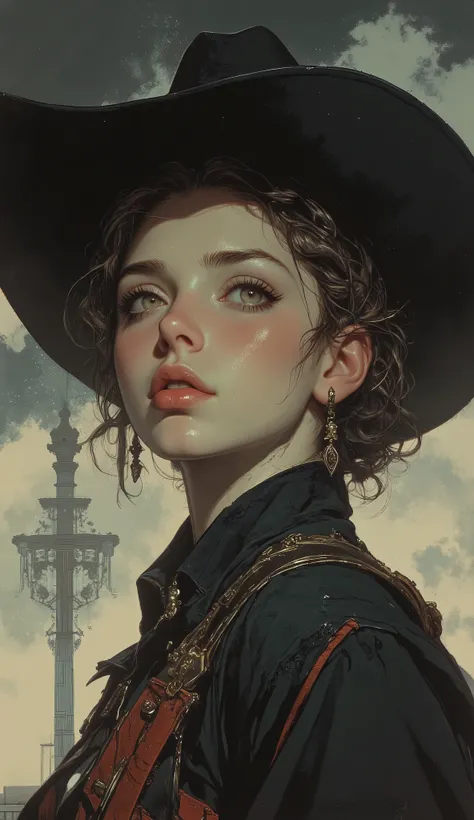 taken from below、high school girl, intense expression that radiates deep wisdom and mystery, Misty, dreamy background 、 cowboy style、Wear a deep cowboy bat、 Gold、braids、Kiss Magnum's muzzle、