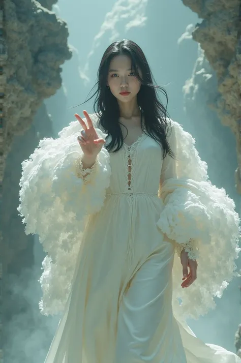 A being of light. A woman with white skin and black hair in a fluffy suit floating in the air. With her index finger she points at someone. Mystical character. photography.   movie scene.  Image of excellent quality and resolution in 8 K Hyperrealism. 