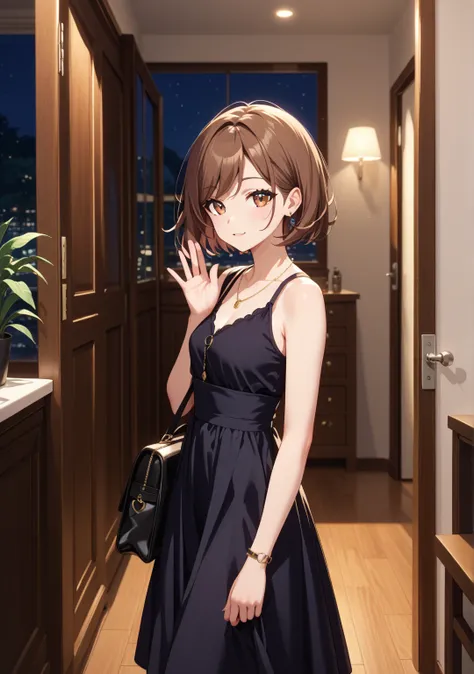 nsfw,night,one girl,,short hair,straight hair ,brown hair,brown eyes,swept bangs,black dress,bag,lounge,walking,,Fat men,open the door,choker,slender,Jacket,with one hand raised and waving,fullbody